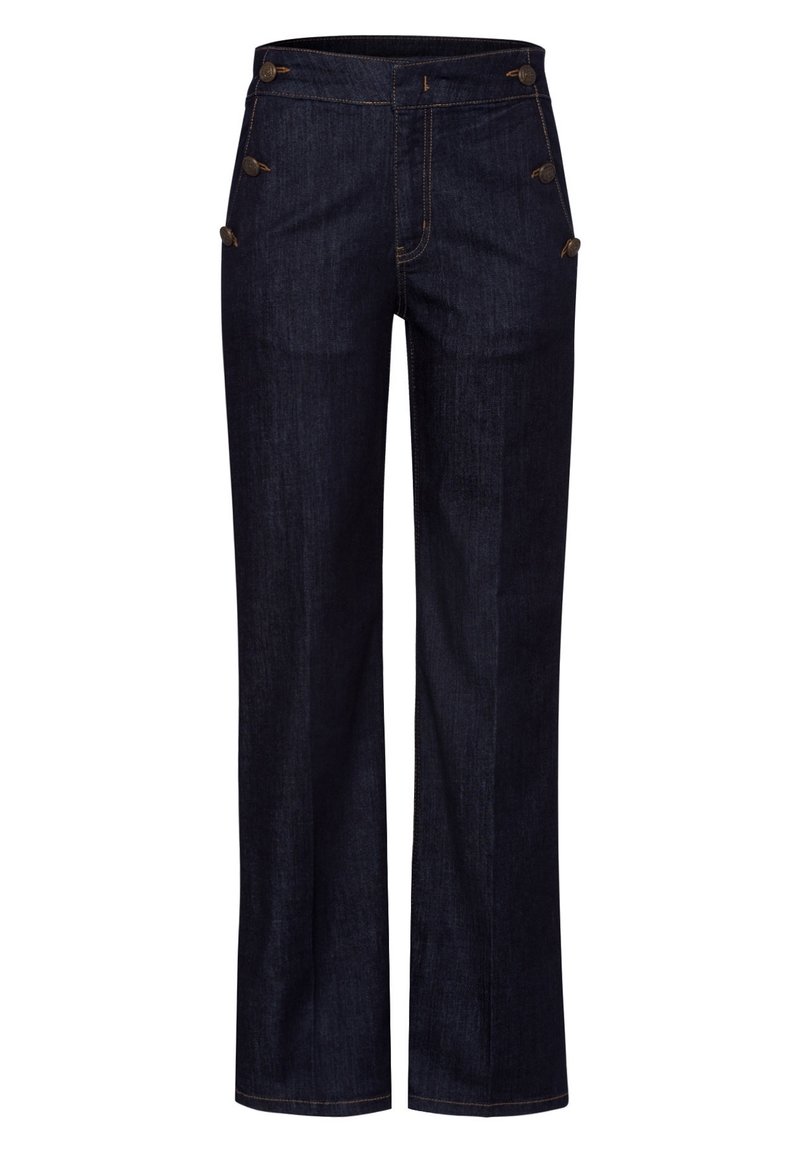 Pantaloni in denim blu scuro con taglio dritto, caratterizzati da dettagli con bottoni dorati sui lati e cuciture a contrasto.