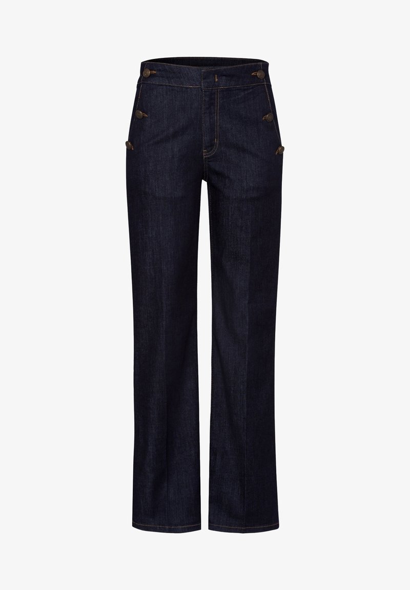 Pantaloni in denim blu scuro con taglio dritto, caratterizzati da dettagli con bottoni dorati sui lati e cuciture a contrasto.