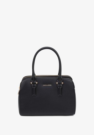 Borsa a mano in pelle nera con doppi manici superiori, chiusura con zip e hardware in tonalità oro. Presenta una texture liscia e il logo del marchio sul davanti.