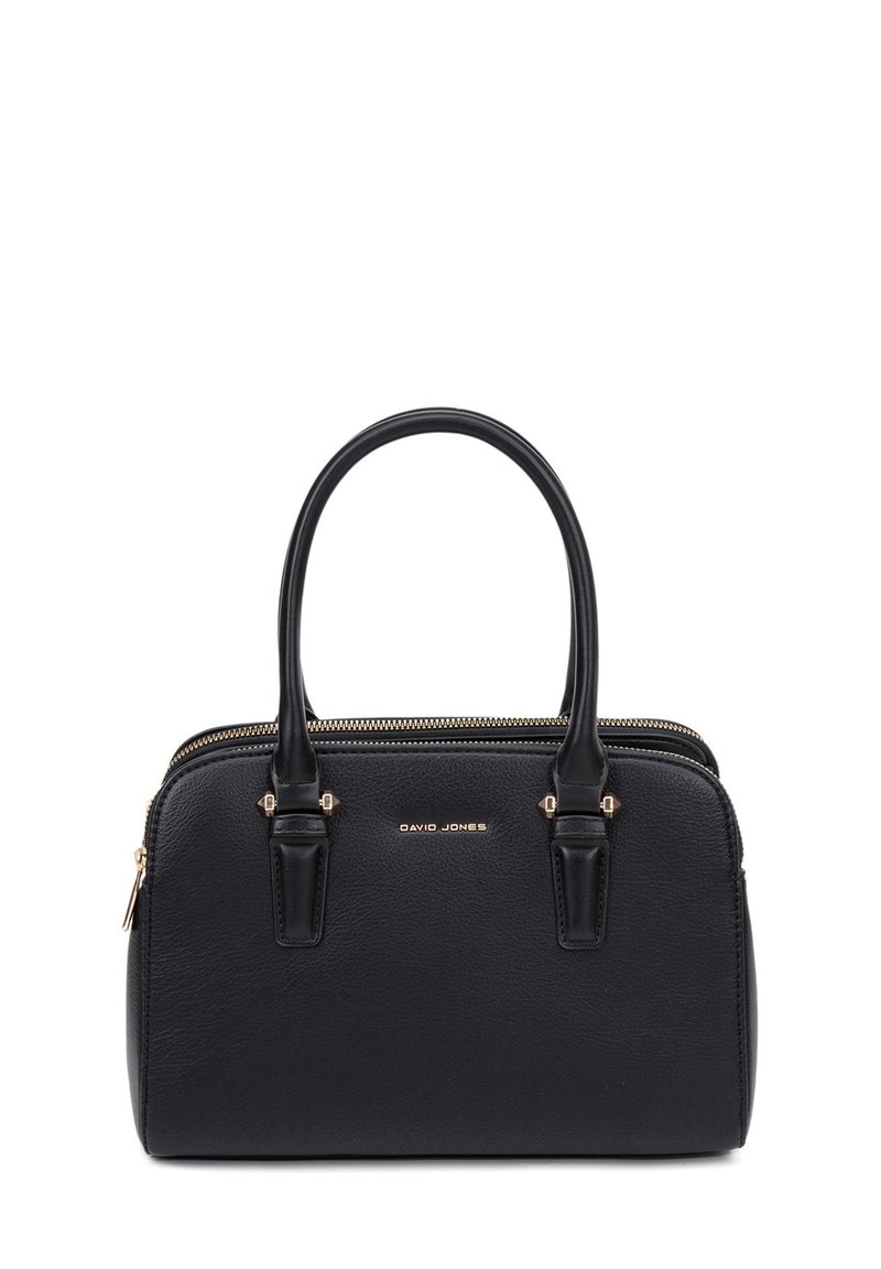 Black leather handbag with dual top handles, zip closure, and gold-tone hardware. Features a smooth texture and brand logo on the front.