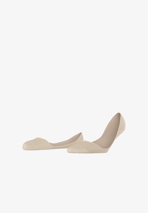 Beige low-cut no-show liner socks displayed flat and upright against white background.