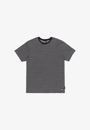 Short-sleeve t-shirt featuring a geometric black and white pattern, crew neck, and a small logo label at the bottom left hem.