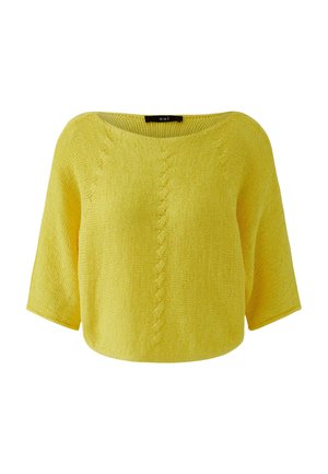 Yellow knitted short-sleeve sweater with boat neckline and subtle vertical cable knit pattern down the front.