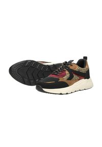 Sneakers with a black mesh upper, brown suede panels, leopard print accents, red highlights, and a thick white sole with textured tread.