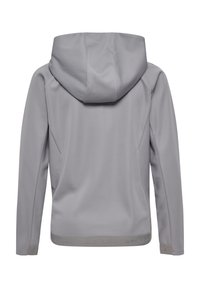 Giacca grigia con cappuccio, dalla texture morbida, con un design semplice, maniche lunghe e una linea dell'orlo con il logo del brand in rilievo.