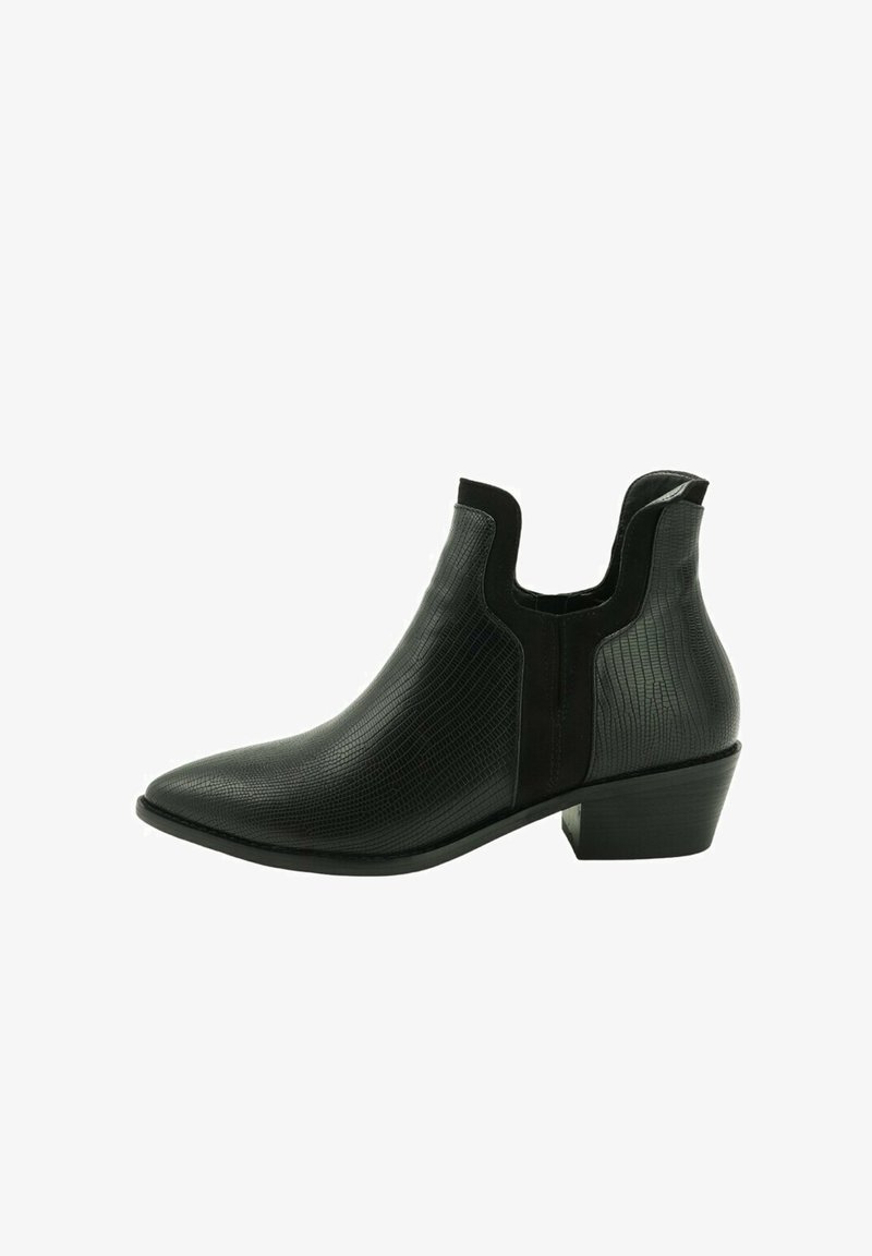 Botas de tobillo negras con punta afilada, hechas de cuero texturizado con un patrón de reptil, paneles laterales elásticos y un tacón bajo tipo bloque.