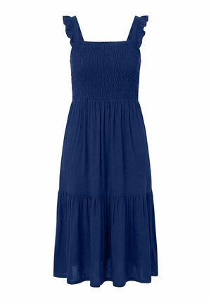 Marineblaues ärmelloses Midikleid mit gerafftem Oberteil, Rüschen-Schulterträgern und gesammeltem, gestuftem Rock.