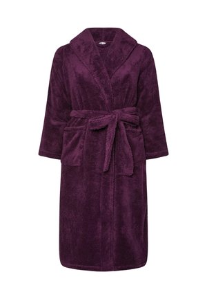 Accappatoio viola, morbido e peloso, realizzato in materiale plush. Presenta un colletto a scialle, maniche lunghe, una chiusura con lacci frontali e due tasche laterali.