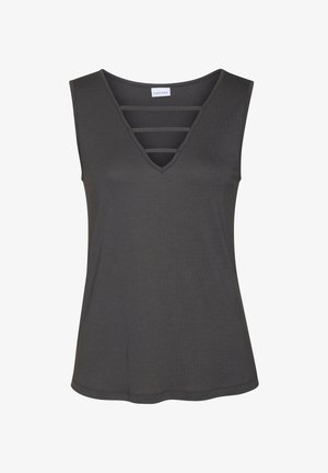 Donkergrijze tanktop gemaakt van ribbelstof. Heeft een diepe V-hals met drie horizontale uitsparingen. Wijde onderrand.