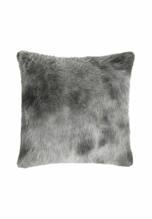 Square gray faux fur pillow with soft, plush texture and a mix of light and dark gray shades.