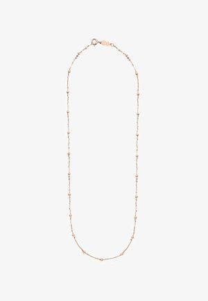 Collier délicat en chaîne en or rose avec de petites perles espacées de manière régulière et un fermoir à ressort sur fond blanc.