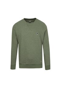 Sudadera verde hecha de una tela suave, con cuello redondo, mangas largas y un pequeño logo de árbol en el pecho. Puños y dobladillo de canalé.