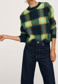 Groen en marineblauw geruit trui met een losse pasvorm, gestructureerde stof en geribde boorden, gecombineerd met hoge taille donkeren denim jeans.