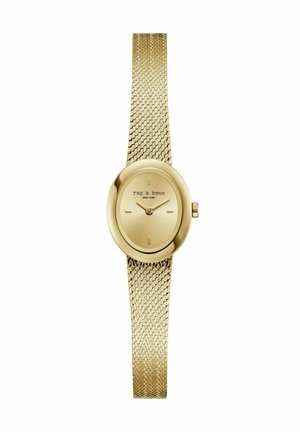 Reloj de pulsera delgado de oro con esfera ovalada, marcadores de hora mínimos y texto "rag & bone NEW YORK" en la esfera, con una correa de metal texturizada.