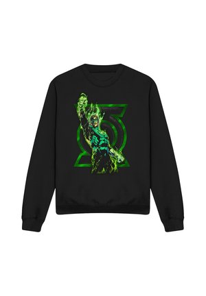 Schwarzer Sweatshirt mit einer leuchtend grünen Superheldenfigur, die einen Arm vor einem großen grünen Laternen-Symbol hebt.