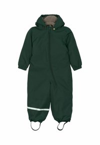 Combineu impermeabil verde cu fermoar, manșete elastice și o dungi reflectorizante albe pe partea inferioară a picioarelor. Glugă căptușită cu fleece.