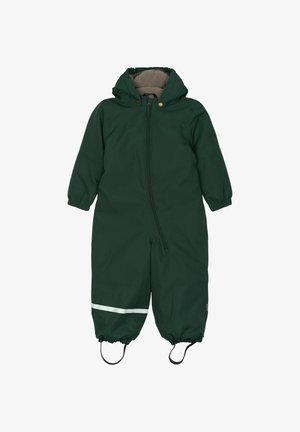 Grüner wasserdichter Einteiler mit Reißverschluss, elastischen Bündchen und einem weißen reflektierenden Streifen an den unteren Beinen. Kapuze mit Fleecefutter.