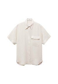 Short-sleeve, light beige shirt with a button-up front and a single chest pocket. Made from a soft, textured fabric.