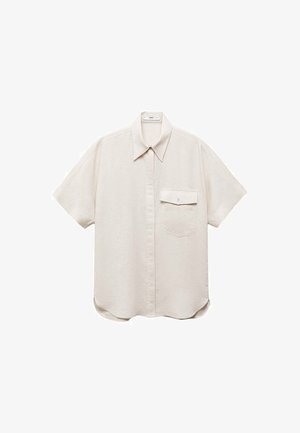 Srajca s kratkimi rokavi v svetlo bež barvi z gumbi spredaj in enim žepom na prsih. Narejena je iz mehke, teksturirane tkanine.