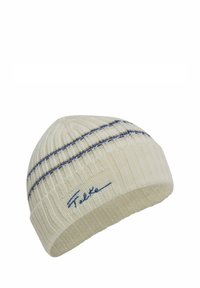 Berretto di maglia color crema con texture a coste, caratterizzato da strisce blu e oro e un logo ricamato blu sul fronte.