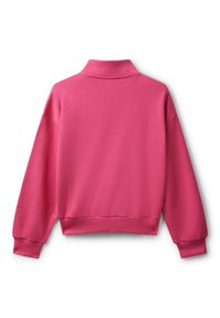 Sudadera rosa con cuello alto, puños y dobladillo acanalados. Textura suave con un ajuste holgado. Vista trasera, sin bolsillos ni adornos.