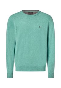 Licht turquoise ronde hals trui van zacht gebreid materiaal. Voorzien van lange mouwen en een klein logo op de borst. Gestructureerde afwerking.