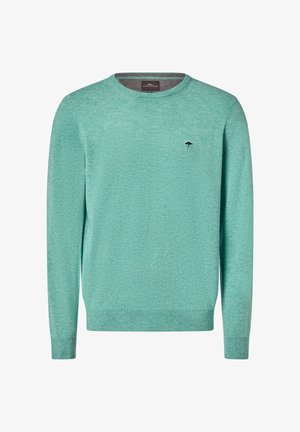 Licht turquoise ronde hals trui van zacht gebreid materiaal. Voorzien van lange mouwen en een klein logo op de borst. Gestructureerde afwerking.