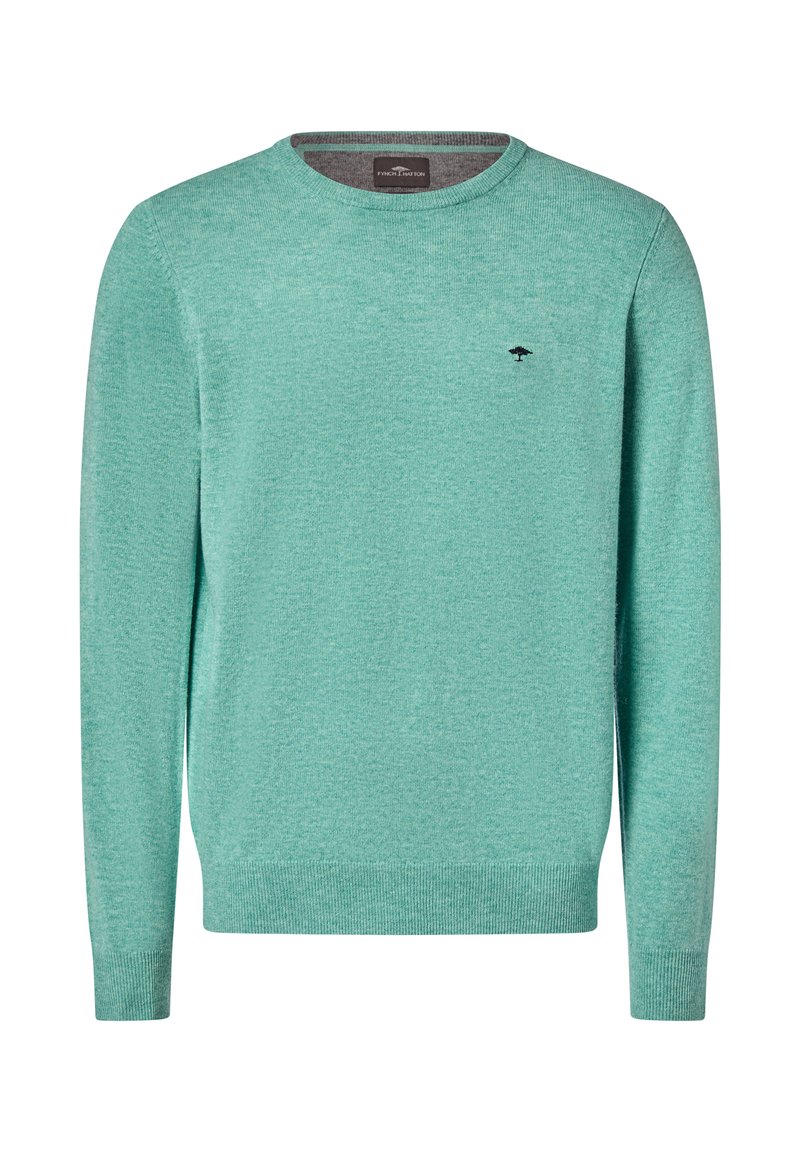 Licht turquoise ronde hals trui van zacht gebreid materiaal. Voorzien van lange mouwen en een klein logo op de borst. Gestructureerde afwerking.