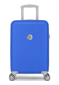 Blue hard-shell suitcase with a hexagonal pattern, silver hardware, retractable handle, and four spinner wheels for mobility.