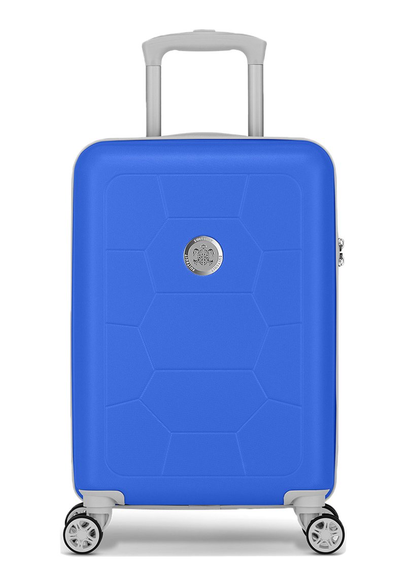 Blue hard-shell suitcase with a hexagonal pattern, silver hardware, retractable handle, and four spinner wheels for mobility.