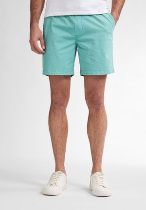 Turkooise katoenen shorts met zijzakken, platte tailleband en omgezoomde randen. G gedragen met witte sneakers. Eenvoudig, casual ontwerp.