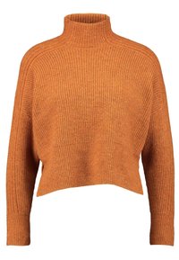 Pomarańczowy sweter z wysokim golfem, prążkowaną fakturą, opuszczonymi ramionami i krótkim krojem. Miękki materiał zapewniający dodatkowy komfort.