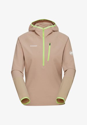 Giacca leggera beige con cappuccio aderente e tasca con zip. Presenta accenti verde brillante su zip e polsini. Finitura in tessuto testurizzato.