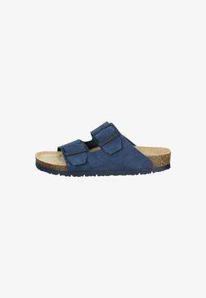 Navy blue slide sandal with two adjustable buckles, cork footbed, and textured black sole, shown in side view on white background.