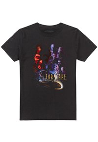 Black cotton T-shirt featuring a colorful graphic print of characters from "Farscape," with a spaceship and bold text at the center.