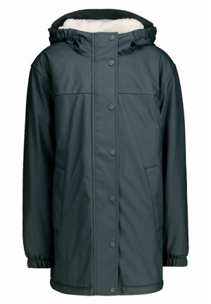 Veste d'hiver à capuche verte foncée avec fermeture à boutons, poignets élastiques, poches latérales et doublure polaire blanche à l'intérieur de la capuche.