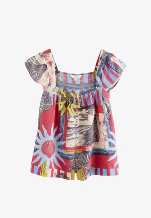 Robe pour tout-petit à manches courtes et encolure carrée, en lin, imprimée de coquillages multicolores, de soleils, de poissons et de rayures.