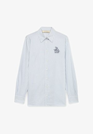 Koszula na długi rękaw zapinana na guziki, z pionowymi paskami w kolorze jasnoniebieskim i białym oraz małym haftowanym logo na lewej piersi.