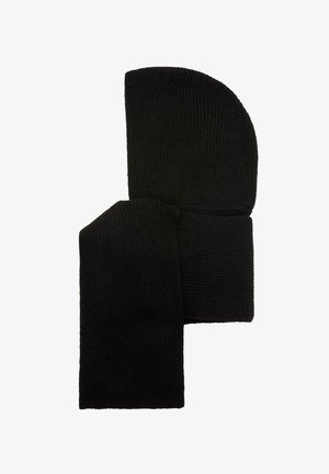 Fekete kötött sapka és sál szett, bordázott textúrával és puha felülettel. A sapka kerek tetejű, a sál pedig téglalap alakú.