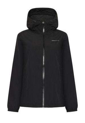 Musta vedenpitävä takki hupulla, vetoketjulla edessä, joustavilla resoreilla hihansuissa ja kahdella sivutaskulla. Takissa on hillitty logo ja sileä, matta pinta.