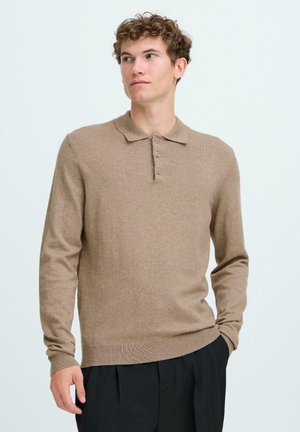 Brown long-sleeve polo sweater made from soft material, featuring a collar and three-button placket, with ribbed cuffs and hem.