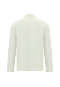 Hellecremefarbene Langarm-Polohemd, strukturierter Stoff, lockere Passform, mit klassischem Kragen und geradem Saum. Keine sichtbaren Logos oder Muster.