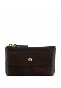 Portefeuille en cuir marron avec une fermeture zip sur le dessus, poche avant à pression, texture lisse et accents en métal doré. Design rectangulaire compact.