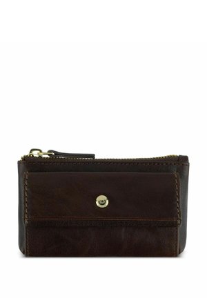 Brown leather wallet with a zippered top, front snap pocket, smooth texture, and gold hardware accents. Compact rectangular design.