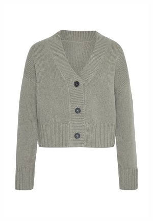 Lichtgroene, cropped cardigan van gestructureerd breisel, met een V-hals, lange mouwen en vijf zwarte knopen aan de voorkant.