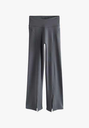 Mørkegrå højtaljede bukser med vide ben og forreste slidser ved kanten, lavet af glat stretchstof.