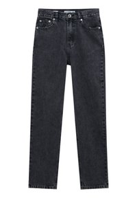 Jean noir taille haute à coupe droite, avec bouton et fermeture éclair devant, cinq poches et passants de ceinture, présenté à plat sur fond blanc.