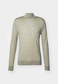 Svetle zelený rolákový svetr z měkké, lehké látky. Má dlouhé rukávy a přiléhavý střih s žebrovanými detaily.