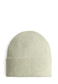 Light green knitted beanie hat, featuring a ribbed texture and cuffed hem, with subtle variations in color throughout the fabric.