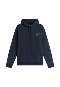 Granatowy bawełniany hoodie z kieszenią z przodu, regulowanym sznurkiem i złotym nadrukiem "BUNDLERS EST 1956 ATHLETICS" na klatce piersiowej.